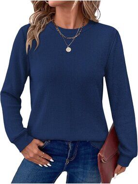 Women's Navy Blue Long Sleeve Crew Neck Imported Casual Tops Cozy Sweater